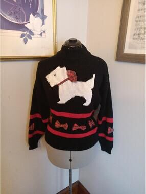 Vintage Women's Mock Neck Pullover Sweater Scottie Terrier Spice Of Life Black L